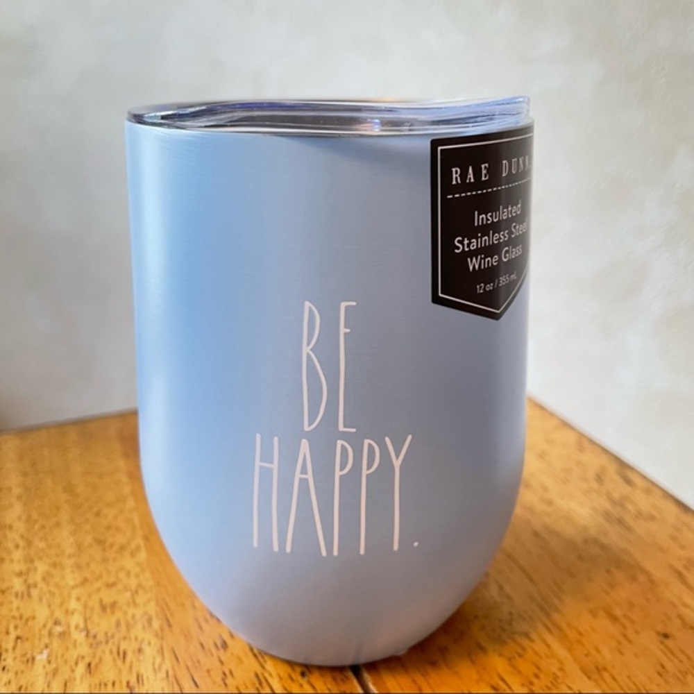 Rae Dunn BE HAPPY Light Blue Stainless Steel Insulated Wine Glass BRAND NEW!